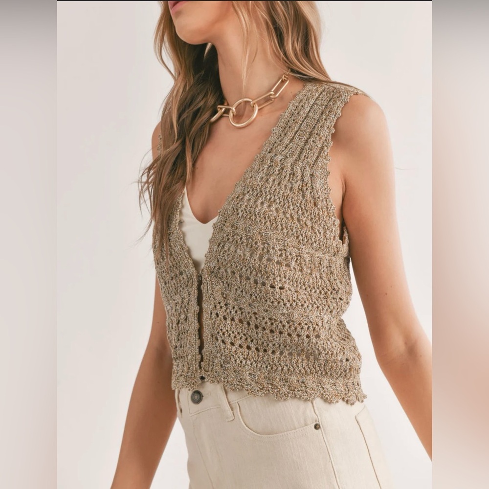 Crochet Knit V-Neck Tank Vest in Beige